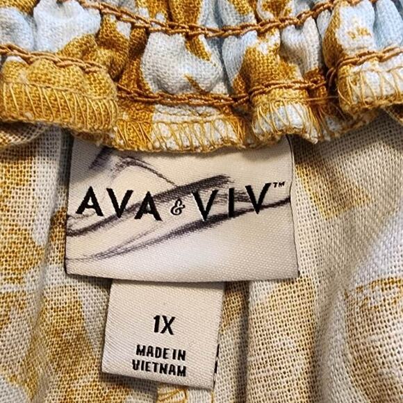 Ava & Viv Mid-Rise Gold Blue Floral Linen Blend Pull On Shorts with Pockets 1X - Picture 3 of 3